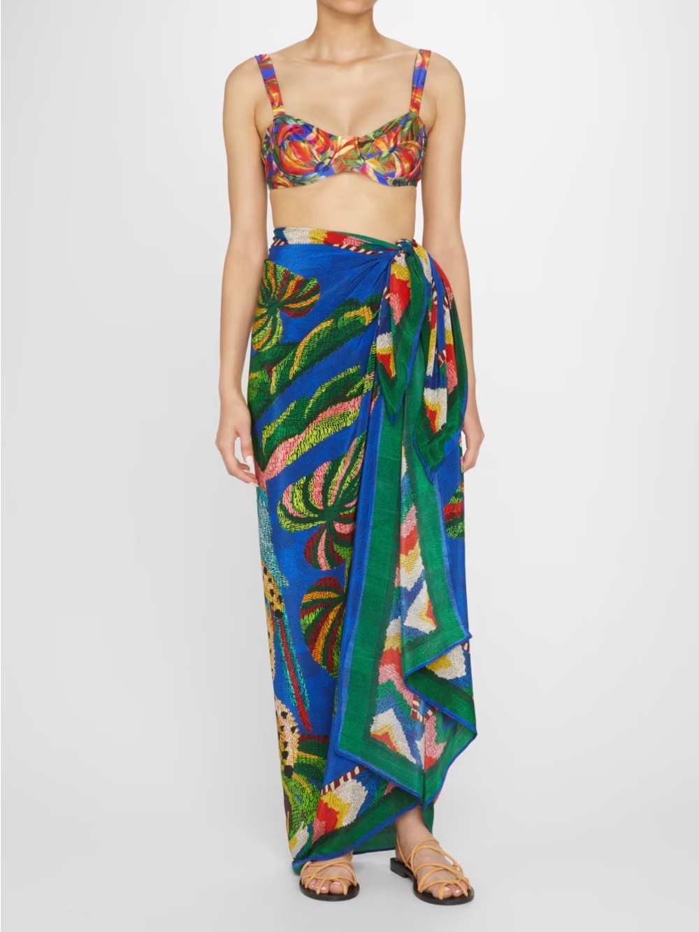 FARM Rio Blue Tropical Print Sarong with Multicolor Leaf Motif